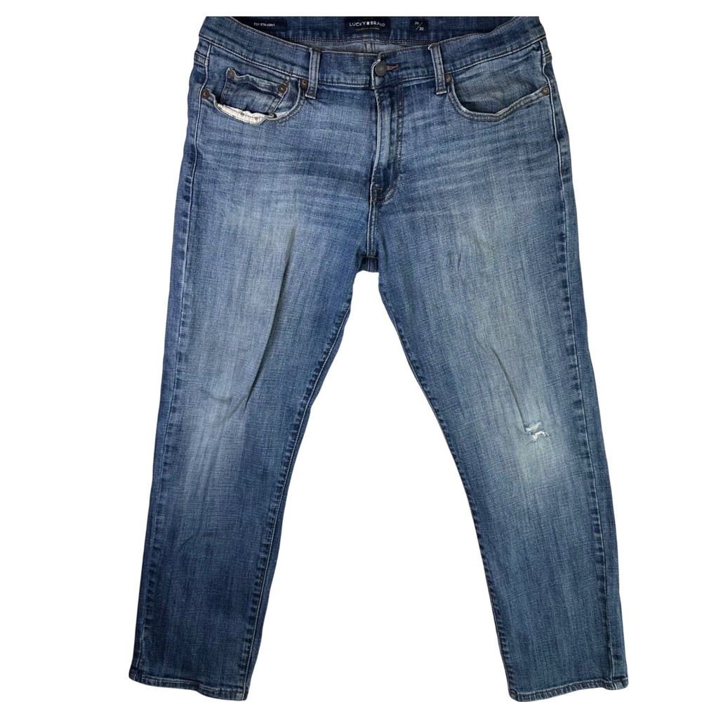 Lucky Brand 221 Straight Mens Jeans 36x30 Medium Wash Distressed Blue Denim